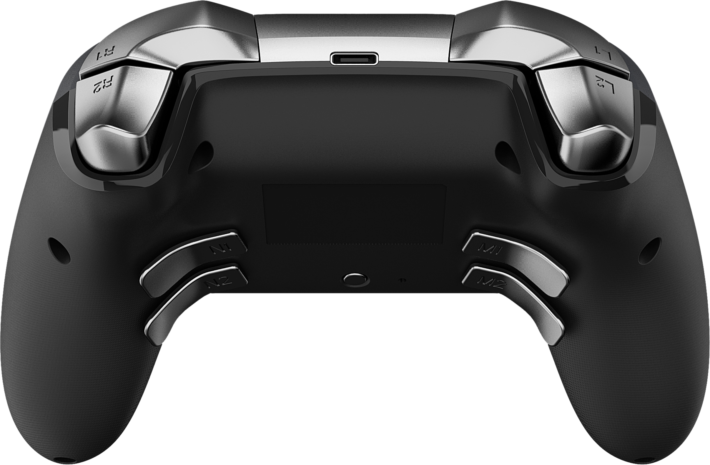 L'arrière d'une manette de jeu noire avec des accents argentés.