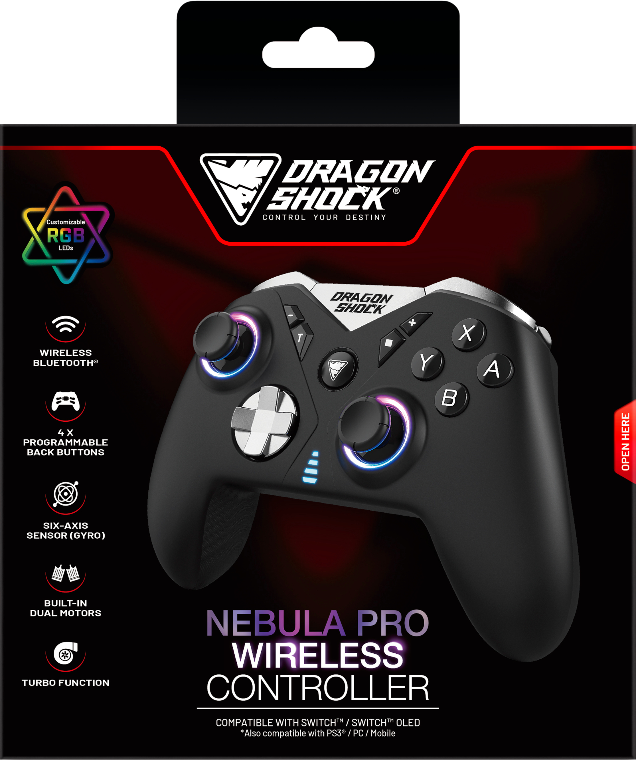 Manette de jeu noire avec des lumières colorées.