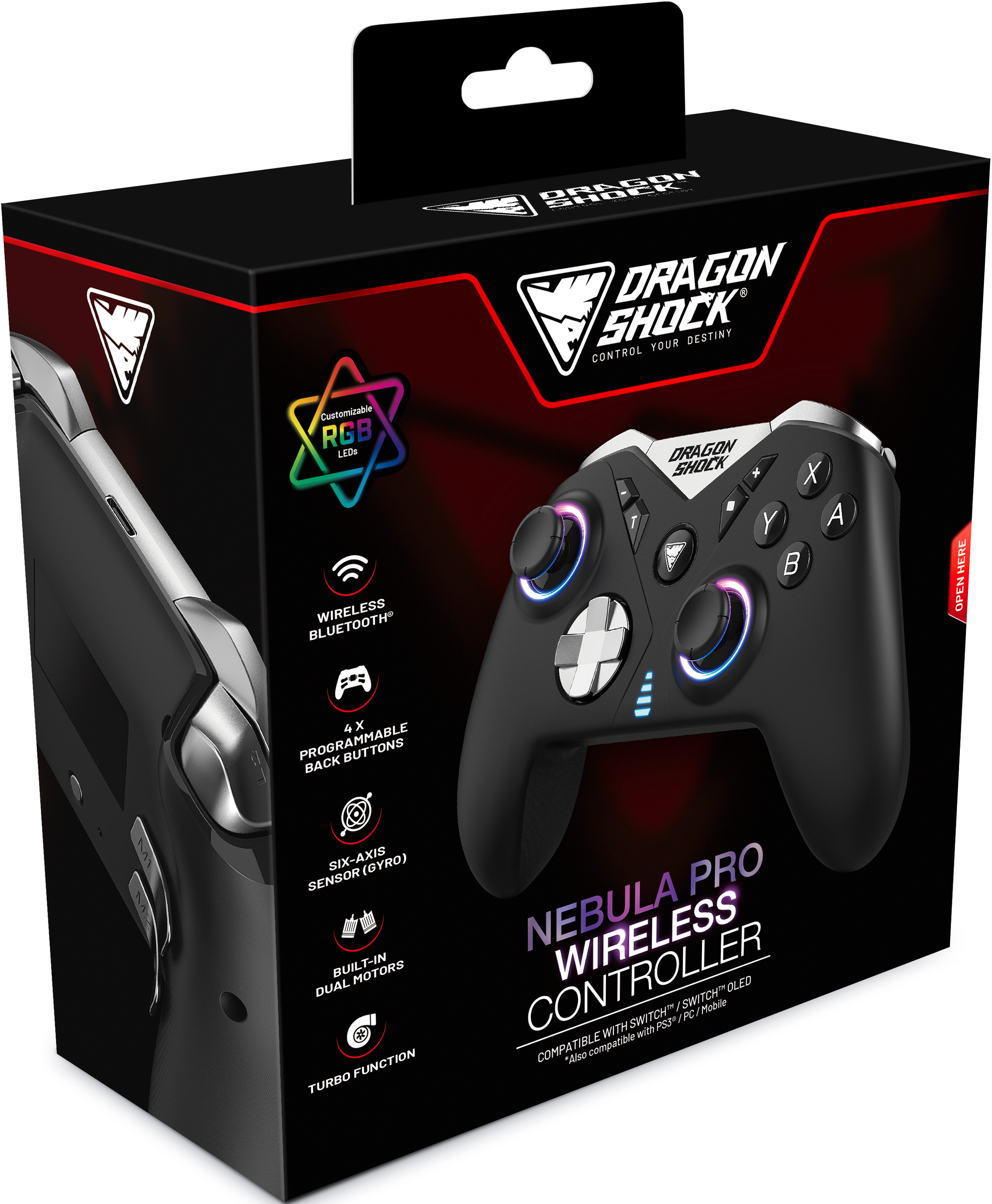 Boîte de manette de jeu, noire avec des boutons colorés, des LED RVB et texte : Nebula Pro Wireless Controller.