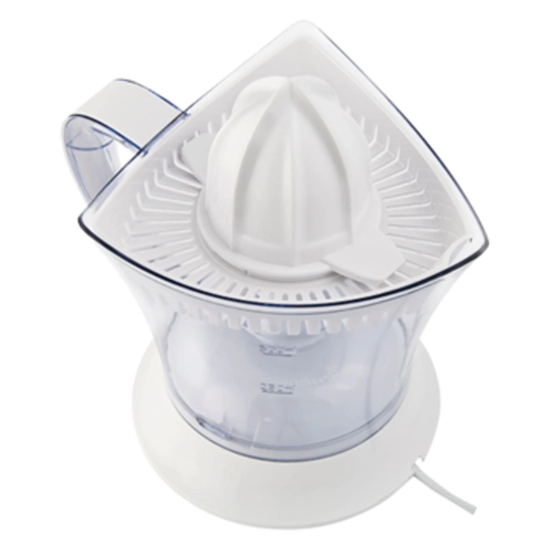 White electric juicer, top view, with a white base and a transparent container.