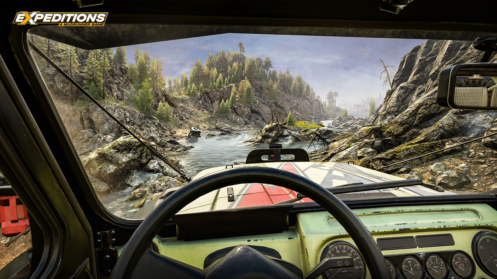 Vue du jeu de l'intérieur d'un véhicule, conduisant dans l'eau. Paysage avec des arbres et une rivière.