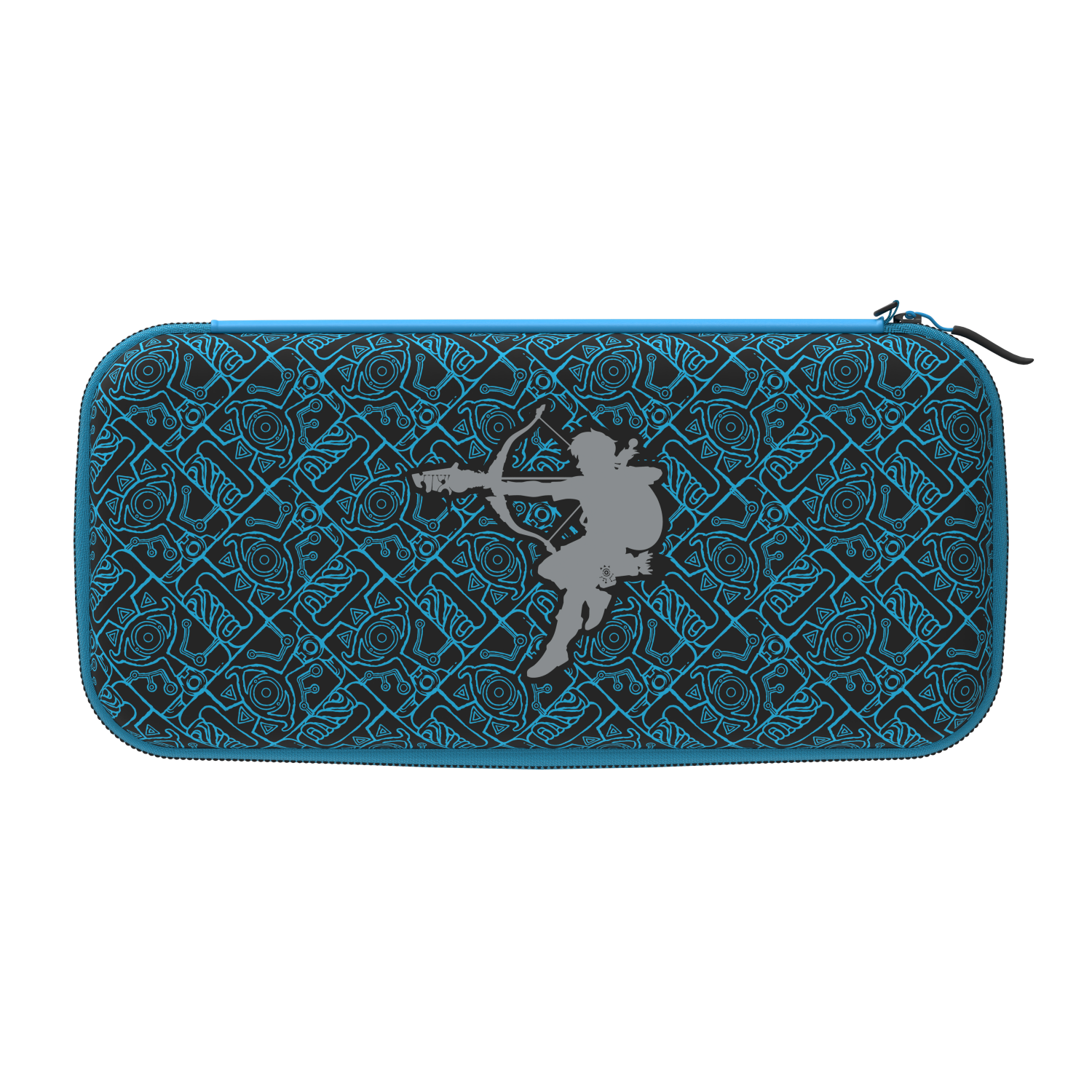Blue and black Nintendo Switch case with a cartoon image on it. White background.