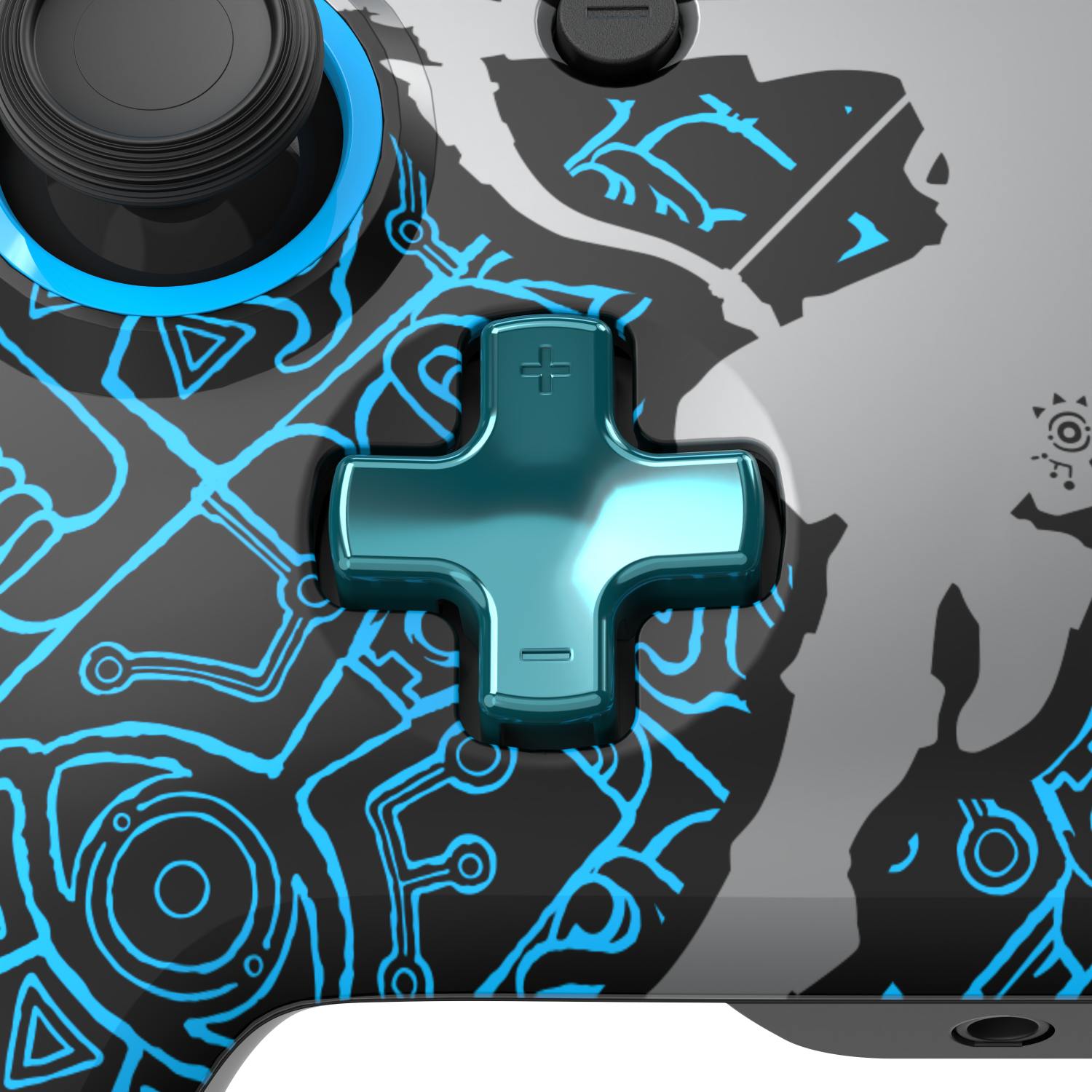 A close-up of a Nintendo Switch controller with a blue cross button. The background is patterned.