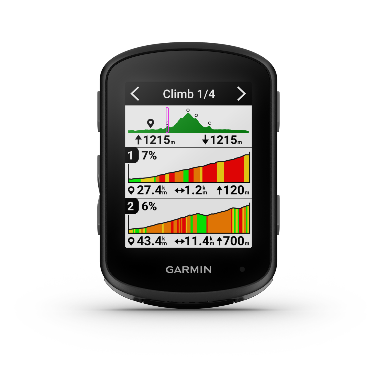 Cycling computer display: Climb stats with a black background.