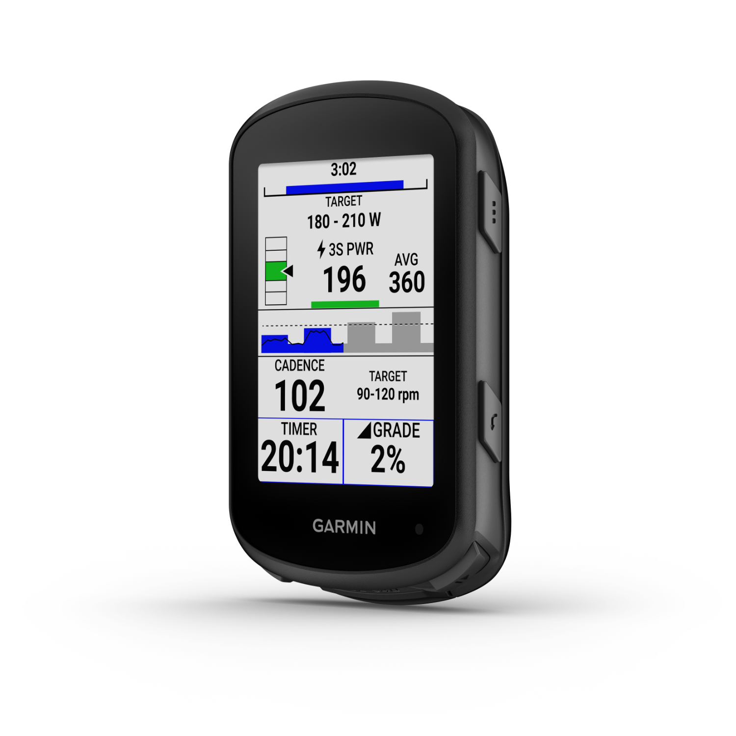 Black Garmin bike computer, screen displaying data, black background.