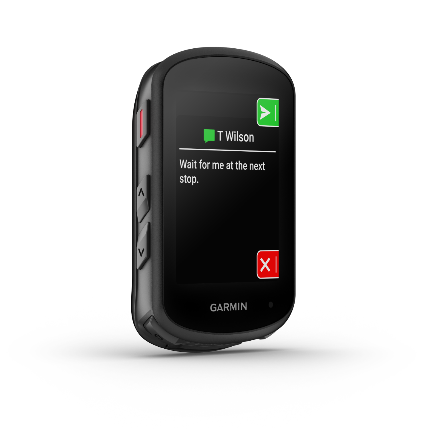 Black Garmin cycling computer with text message on screen. The background is black.