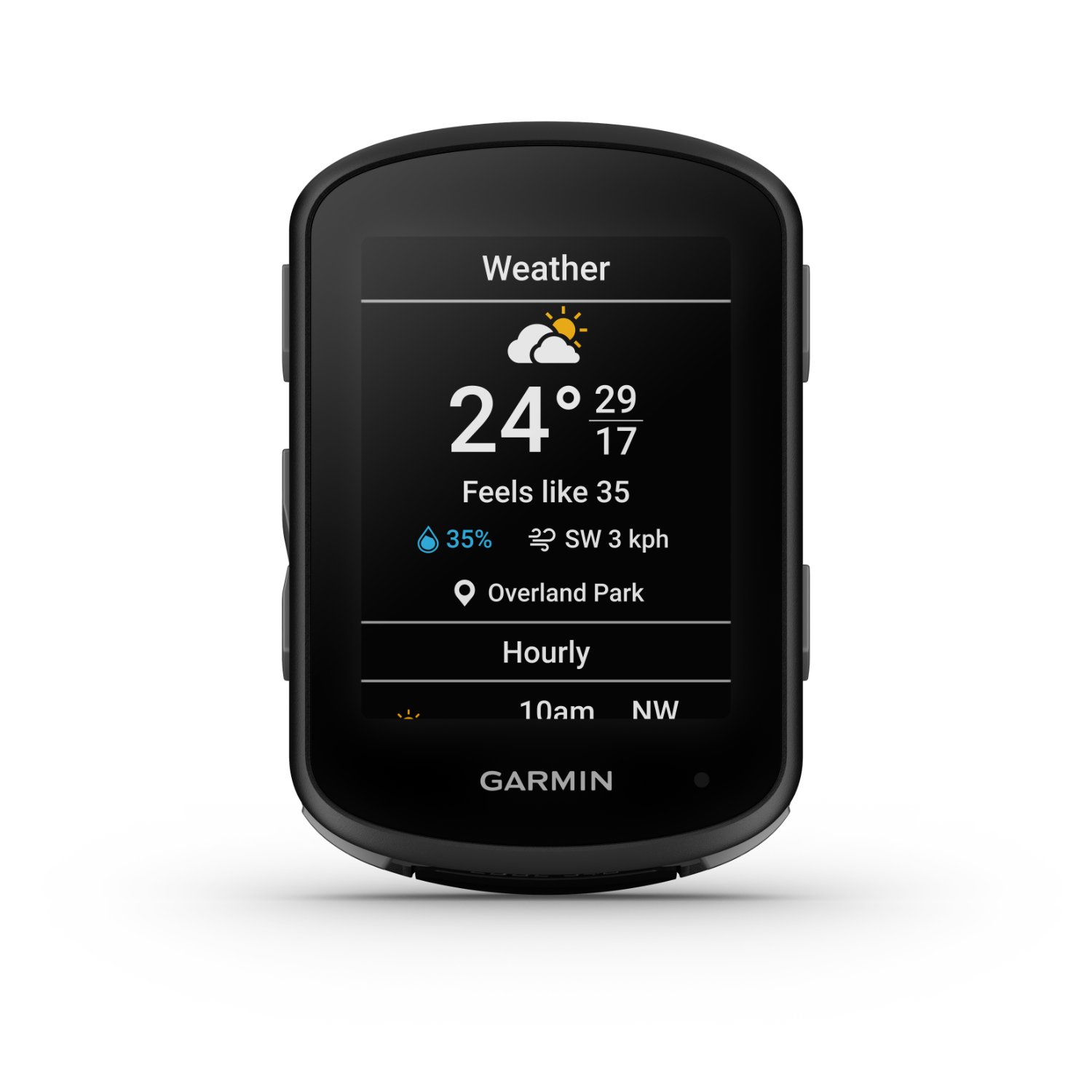 Black Garmin device showing weather data: temperature, wind speed, and location.