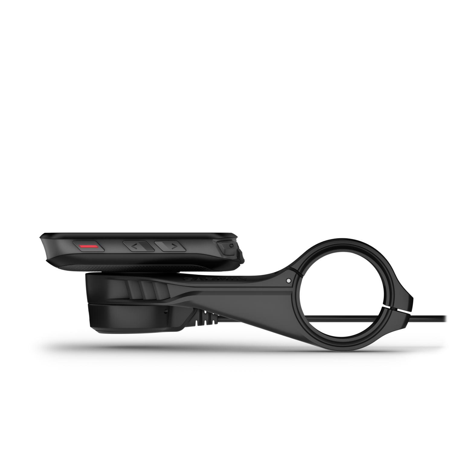 A black bicycle computer with a black mount on a black background.