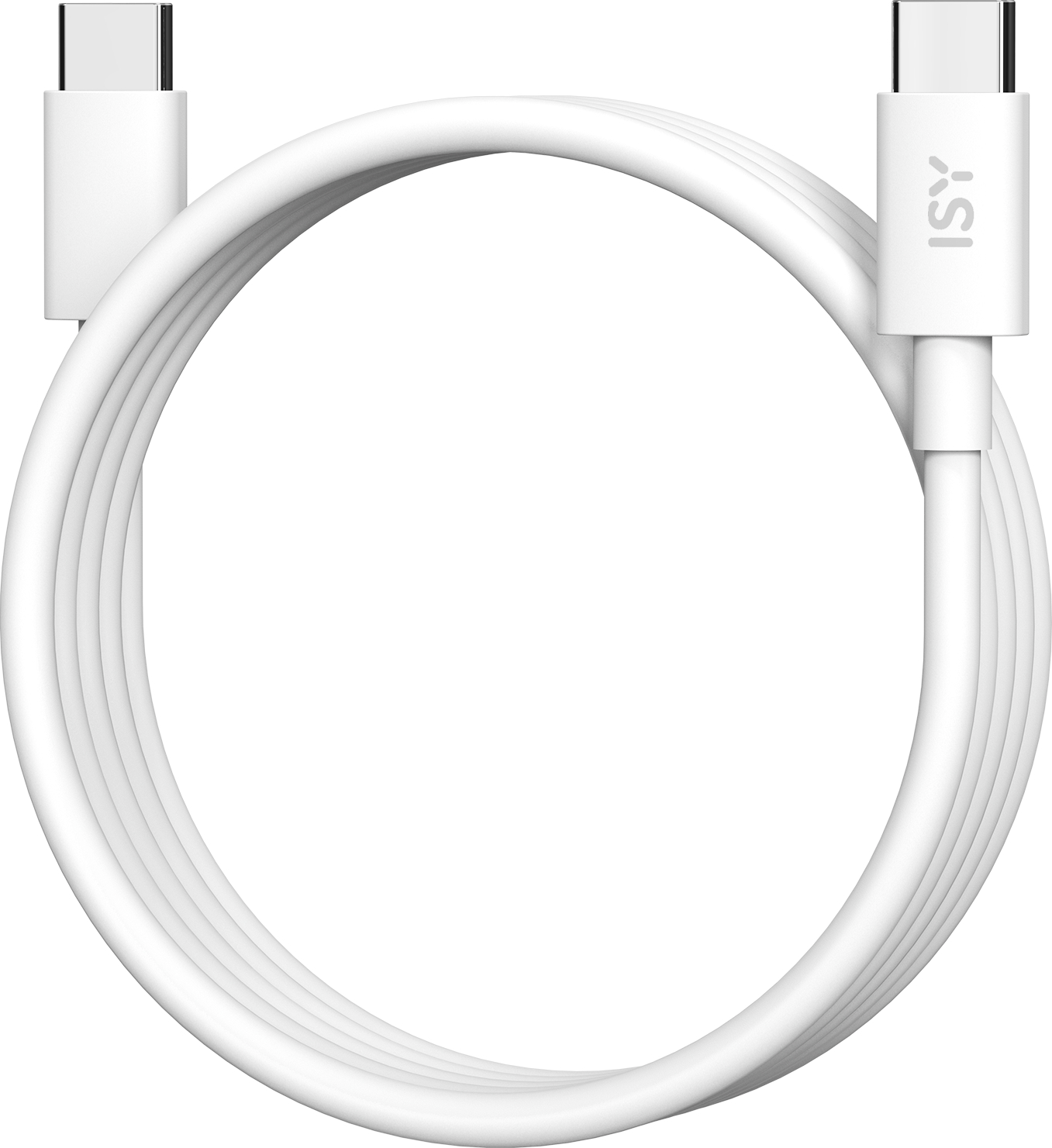 Weißes USB-C-Kabel, aufgerollt, mit Steckern an beiden Enden.