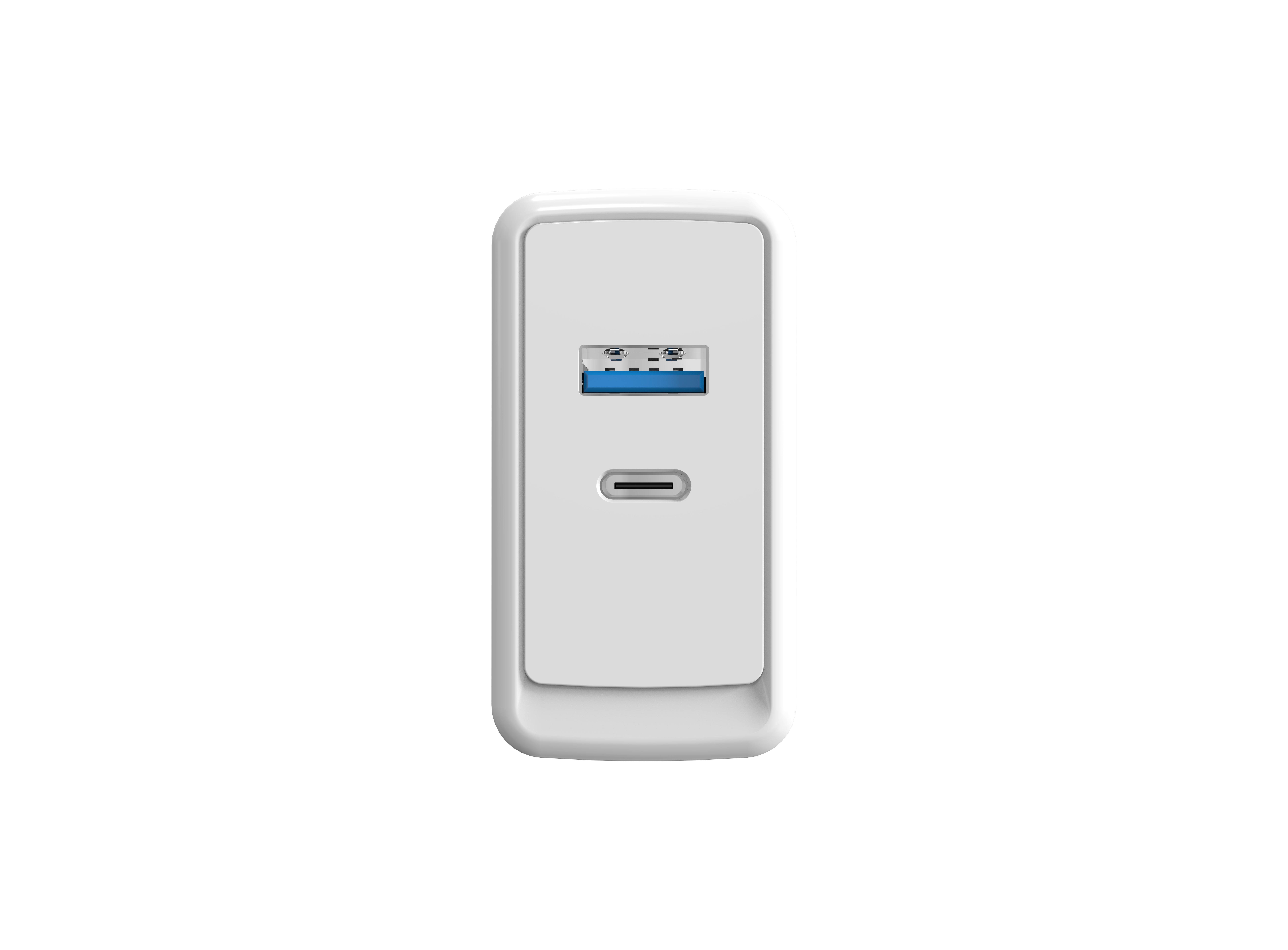 Weißes Ladegerät mit USB- und USB-C-Anschlüssen.