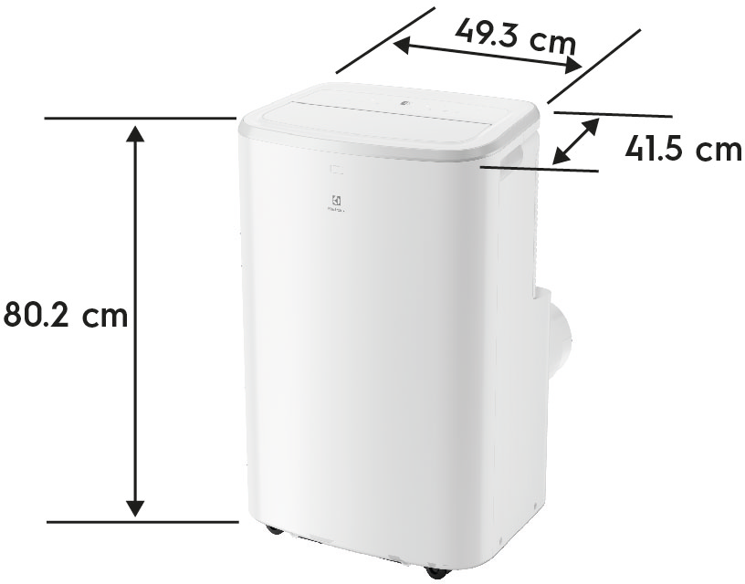 Un climatiseur portable blanc avec des mesures étiquetées.