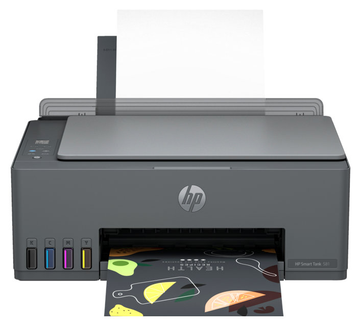 Szara drukarka HP Smart Tank z papierem i pojemnikami na tusz. Widoczna strona z grafiką jedzenia.