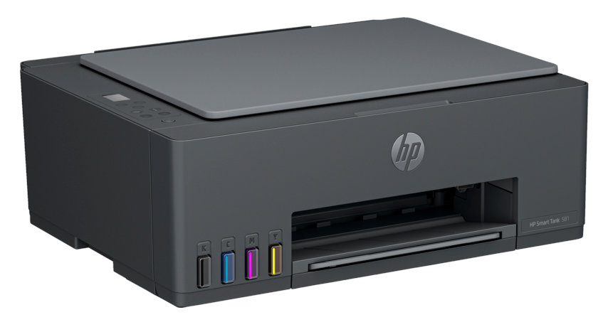 Ciemnoszara drukarka HP Smart Tank 581 ze zbiornikami na tusz i szarą górną pokrywą.