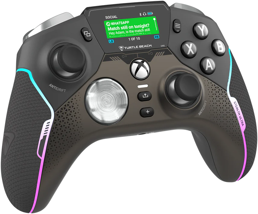 Ein grauer Xbox-Controller mit Bildschirm, Tasten und dem Text 'ANTIDRIFT' und 'STEALTH ULTRA'.