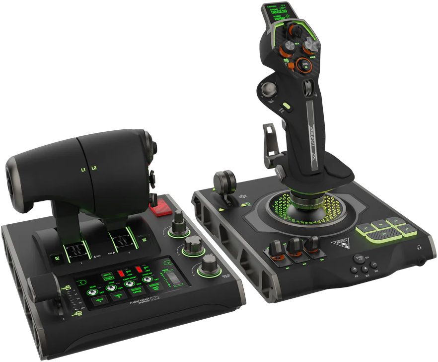 Ein Flugsimulator-Bedienfeld und Joystick, schwarz mit grün beleuchteten Knöpfen und Anzeigen.