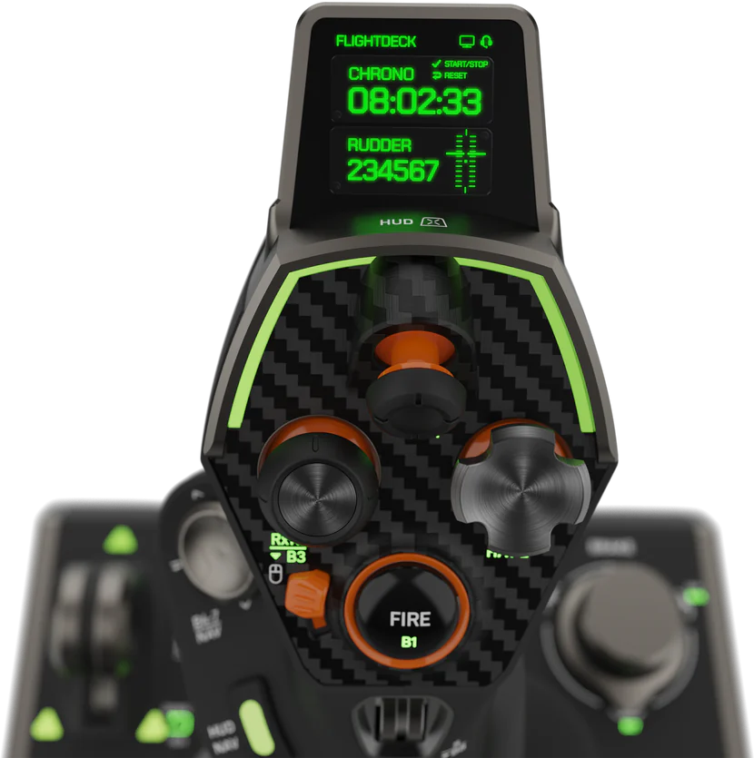 Schwarzes und graues Flugsimulator-Bedienfeld. Grüne Akzente und orangefarbene Knöpfe.