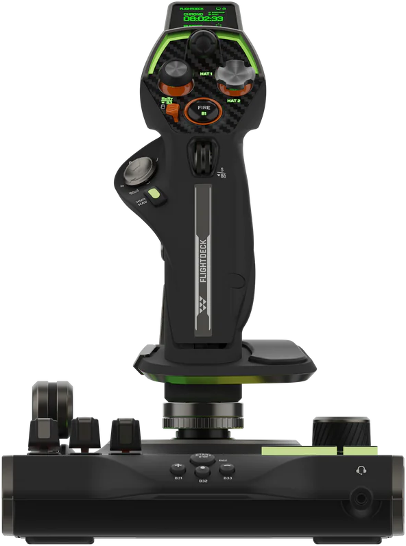 Ein schwarzer Flugsimulator-Joystick mit grünen Akzenten. Hat mehrere Knöpfe und einen Bildschirm.