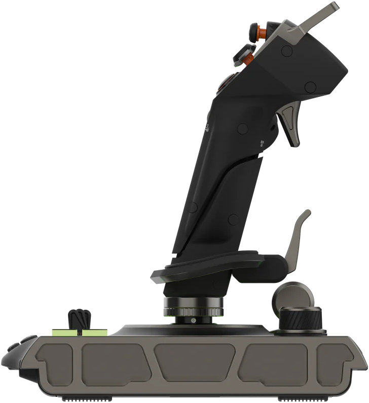 Schwarzer Flug-Joystick, Profilansicht, mit Knöpfen und Hebel.