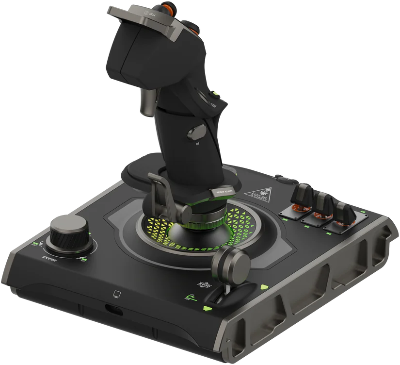 Gaming-Joystick mit mehreren Tasten und grün beleuchteter Basis. Schwarz-graues Design.