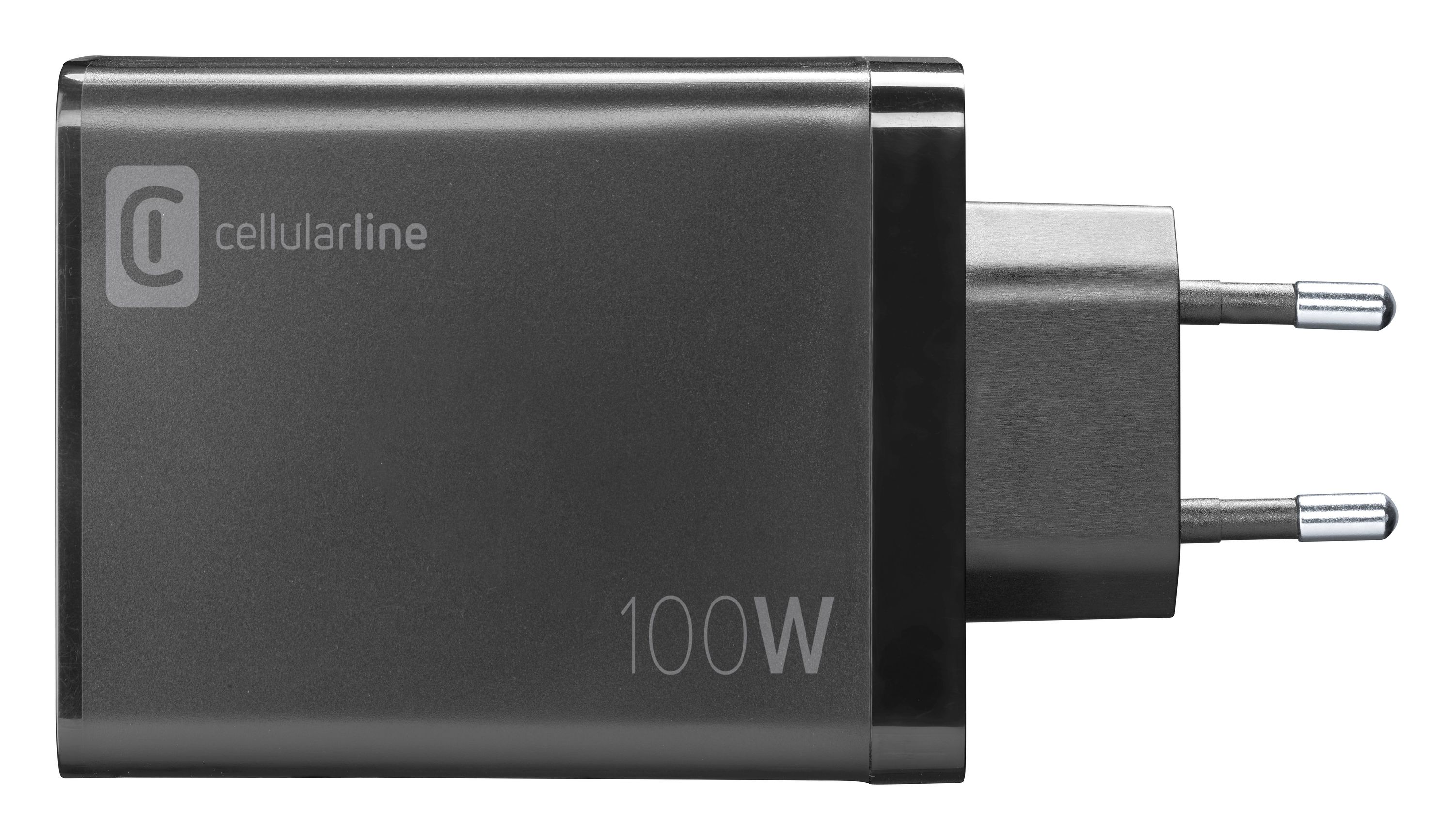 Cargador cellularline gris oscuro de 100W con enchufe europeo, sobre fondo blanco.