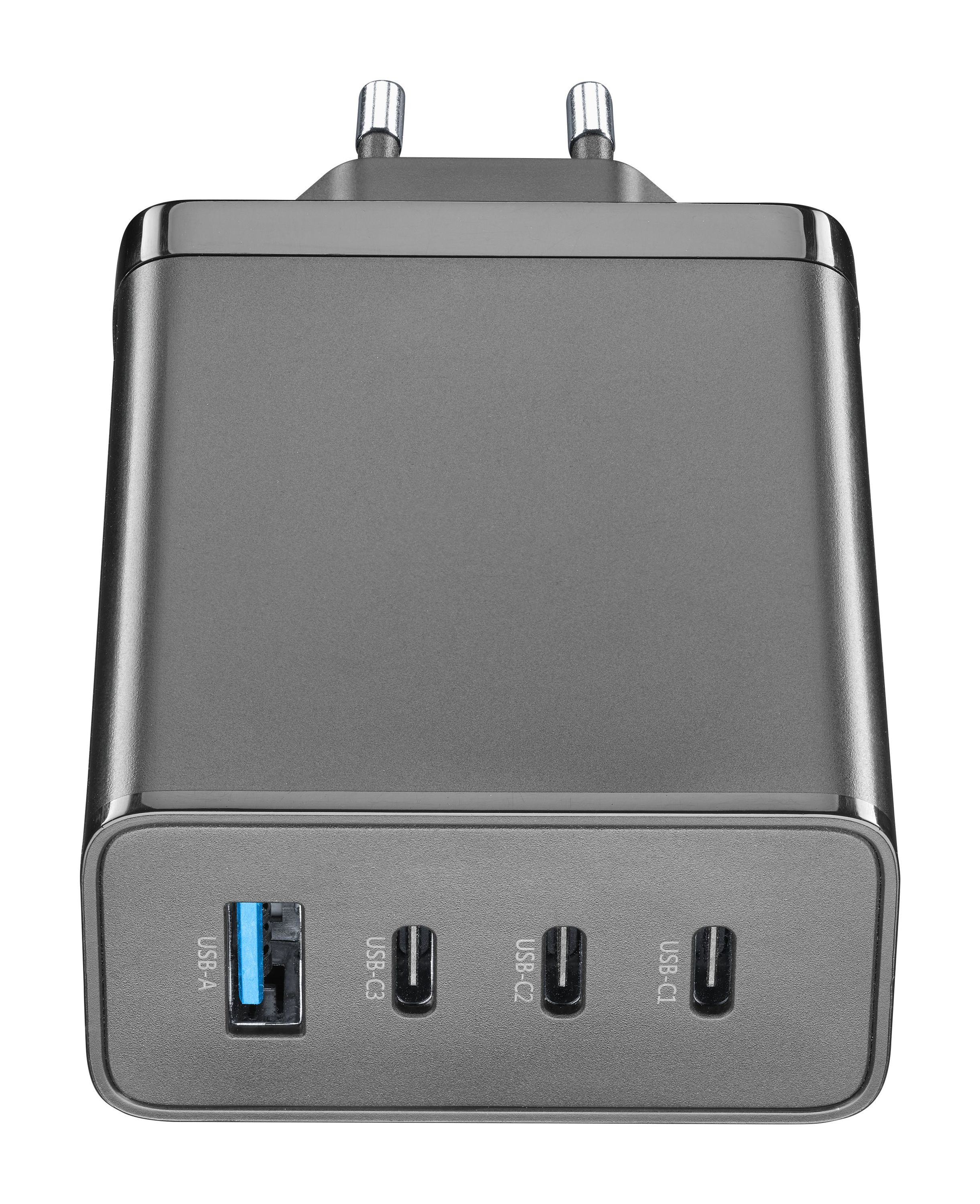 Cargador negro con USB-A y tres puertos USB-C, vista frontal.