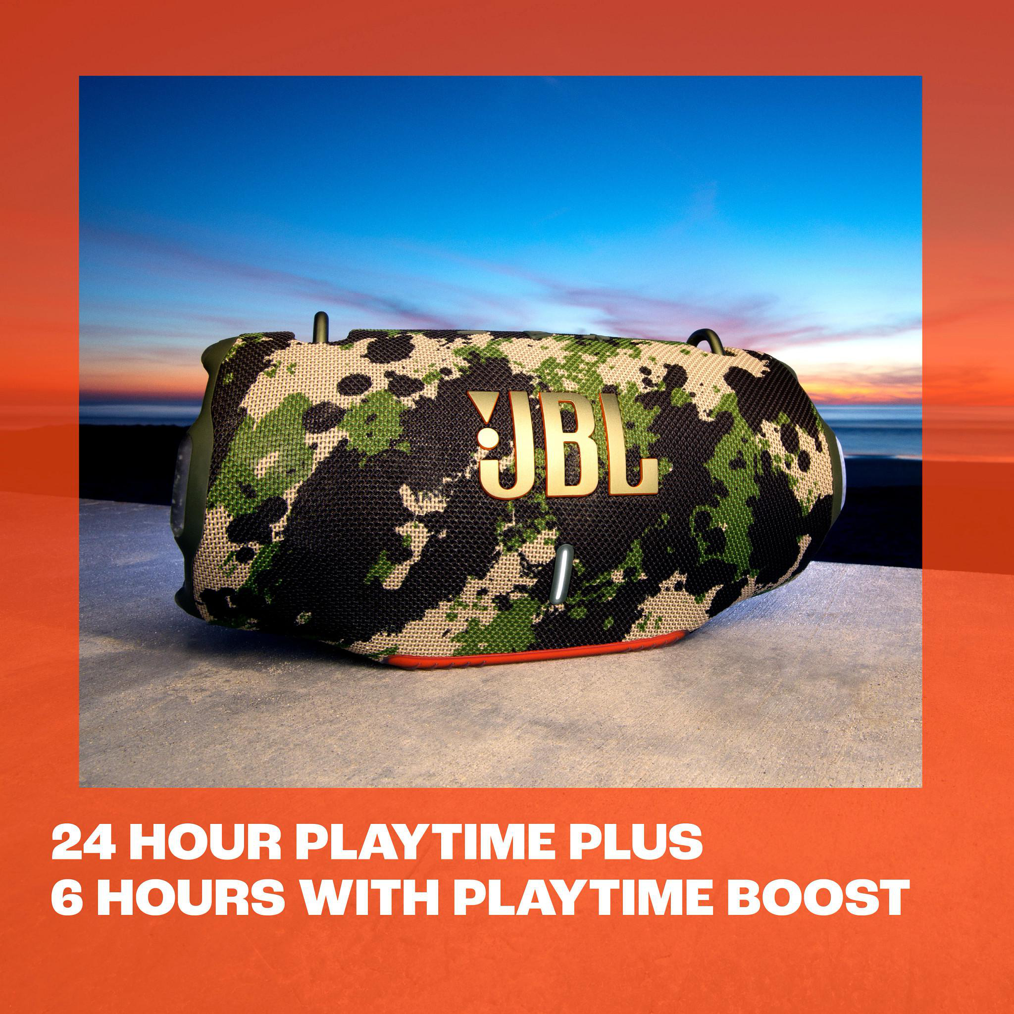 JBL-Lautsprecher im Camouflage-Design, mit 24 Stunden Spielzeit plus Boost.