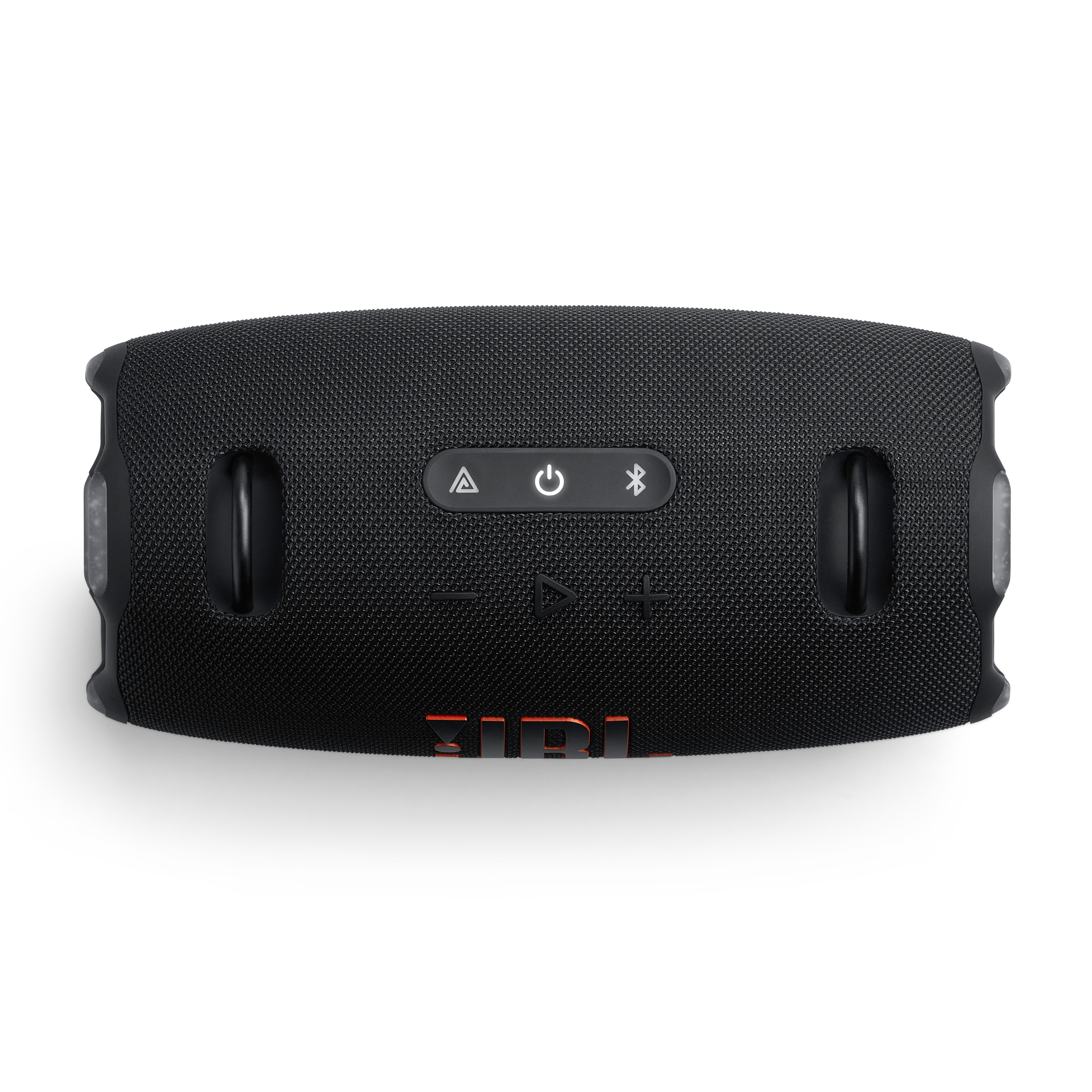 Schwarzer JBL-Lautsprecher mit Knöpfen oben. Es hat zwei Griffe und ein Mesh-Design.
