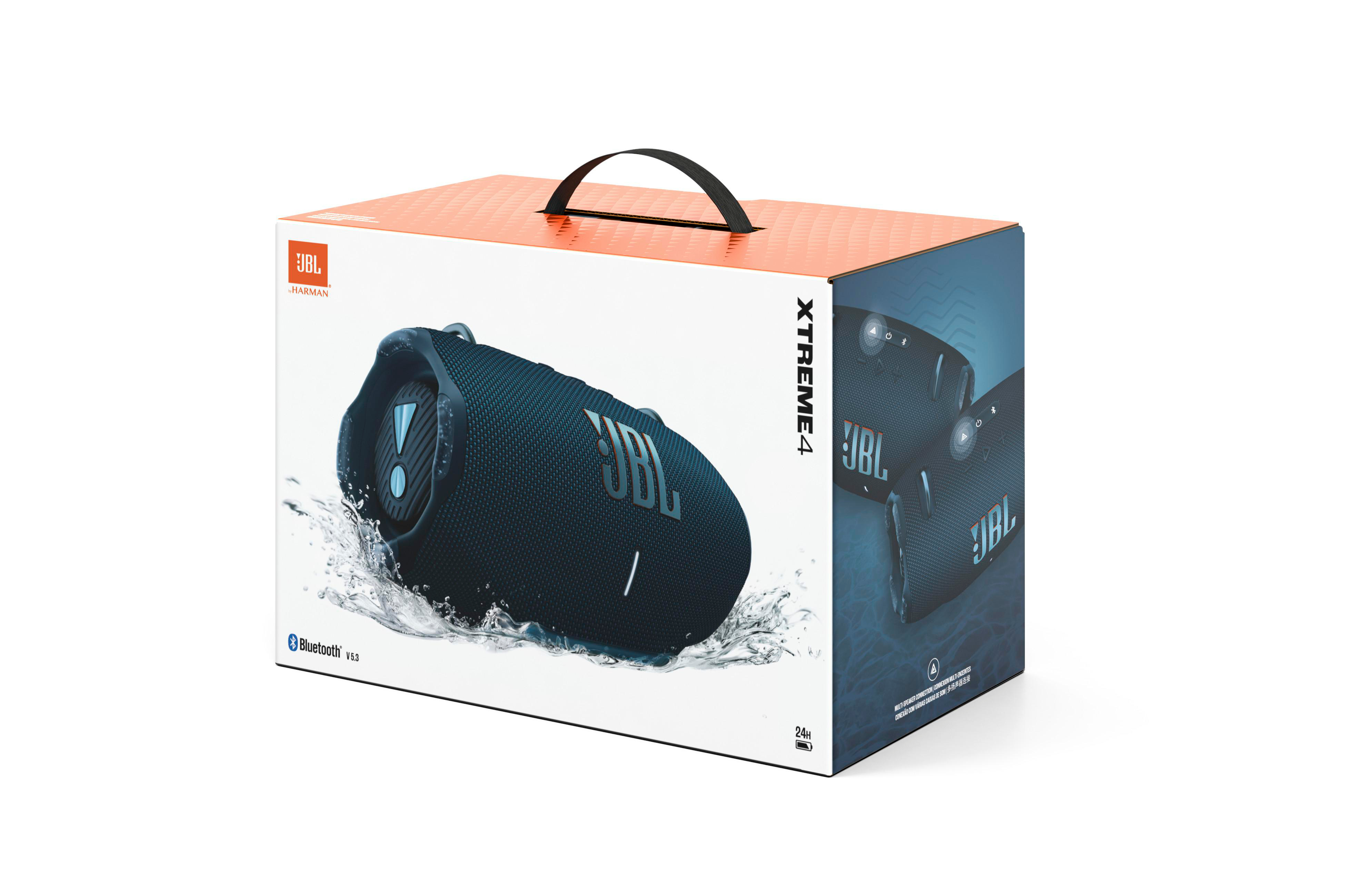 JBL Xtreme 4 Lautsprecher in seiner Box, mit sichtbarem Logo.
