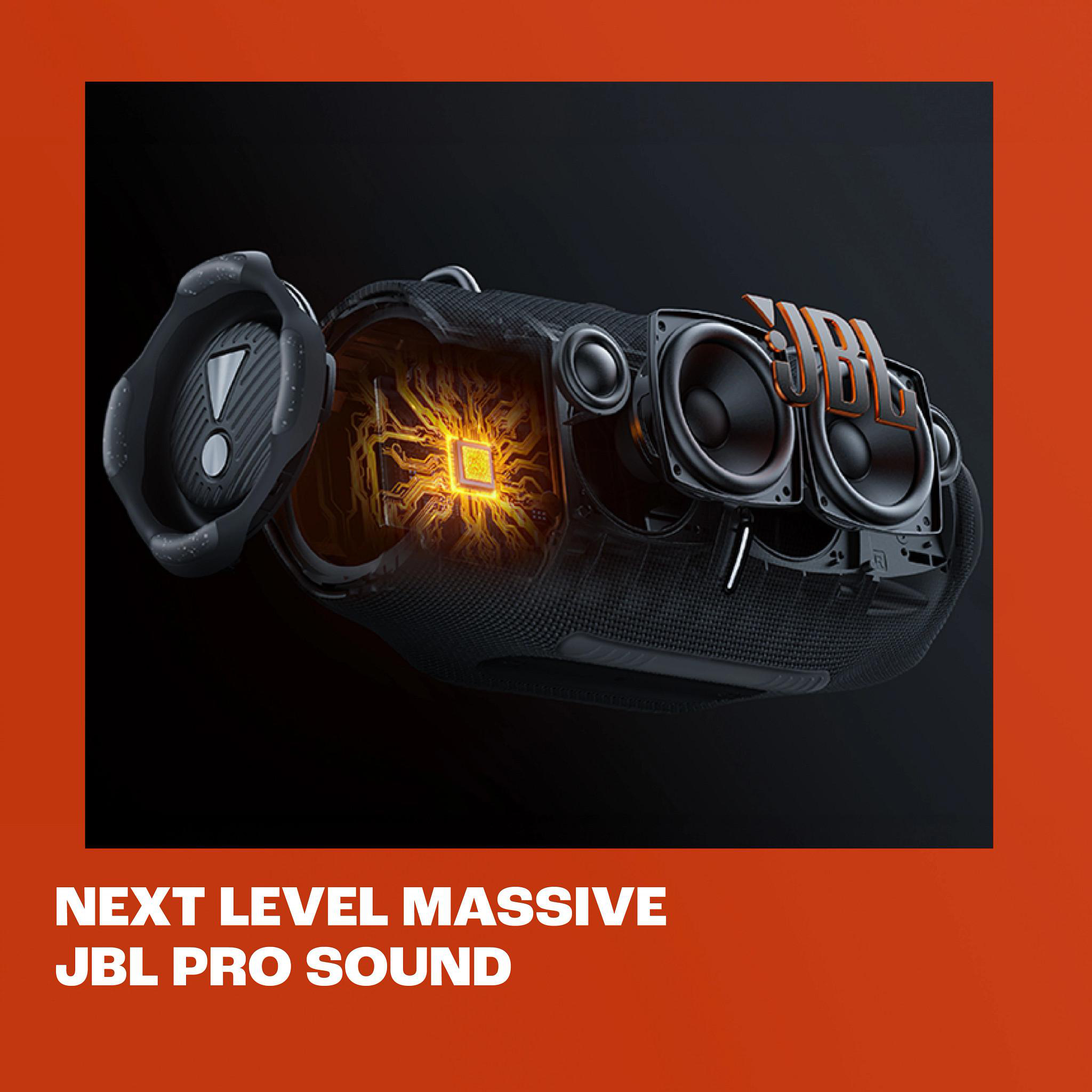 Schwarzer JBL-Lautsprecher, orangefarbene Akzente, mit sichtbaren Innenteilen.