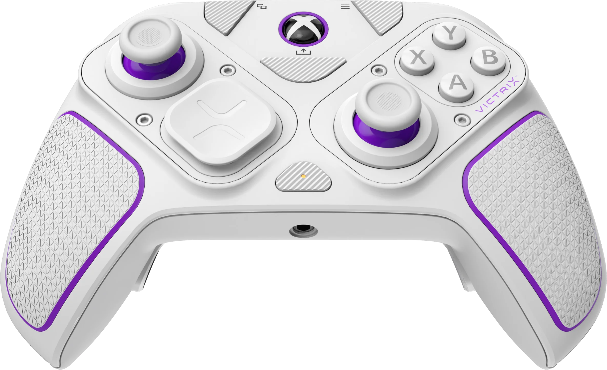 Un controller Xbox bianco e viola, con pulsanti e joystick, su sfondo bianco.