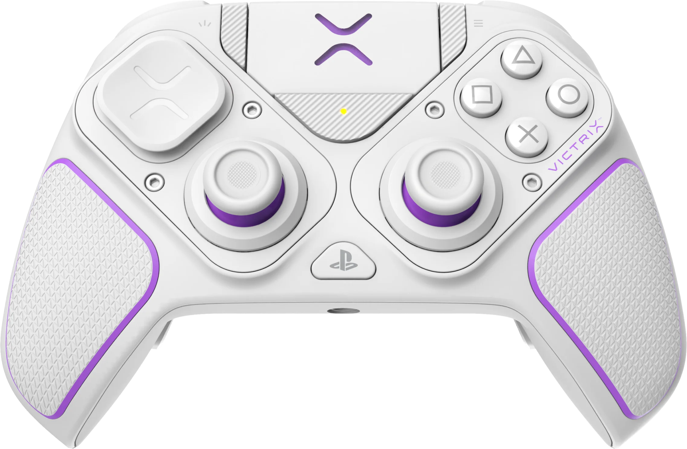 Controller Victrix bianco e viola per PlayStation con pulsanti e levette.