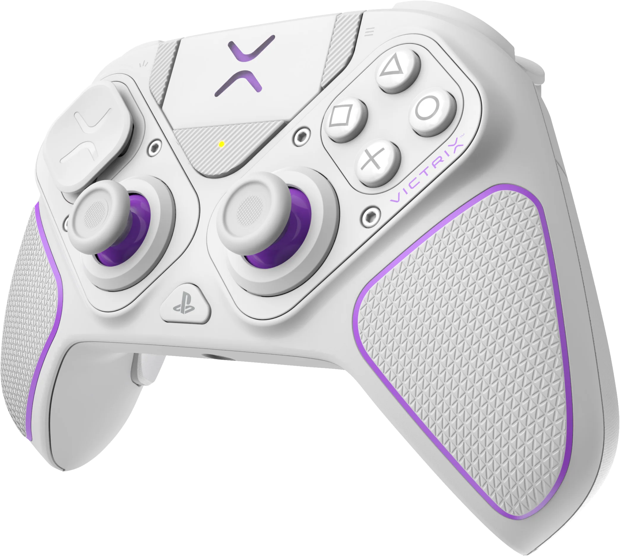 Controller di gioco bianco con dettagli viola. Ha pulsanti, joystick e un logo Victrix.