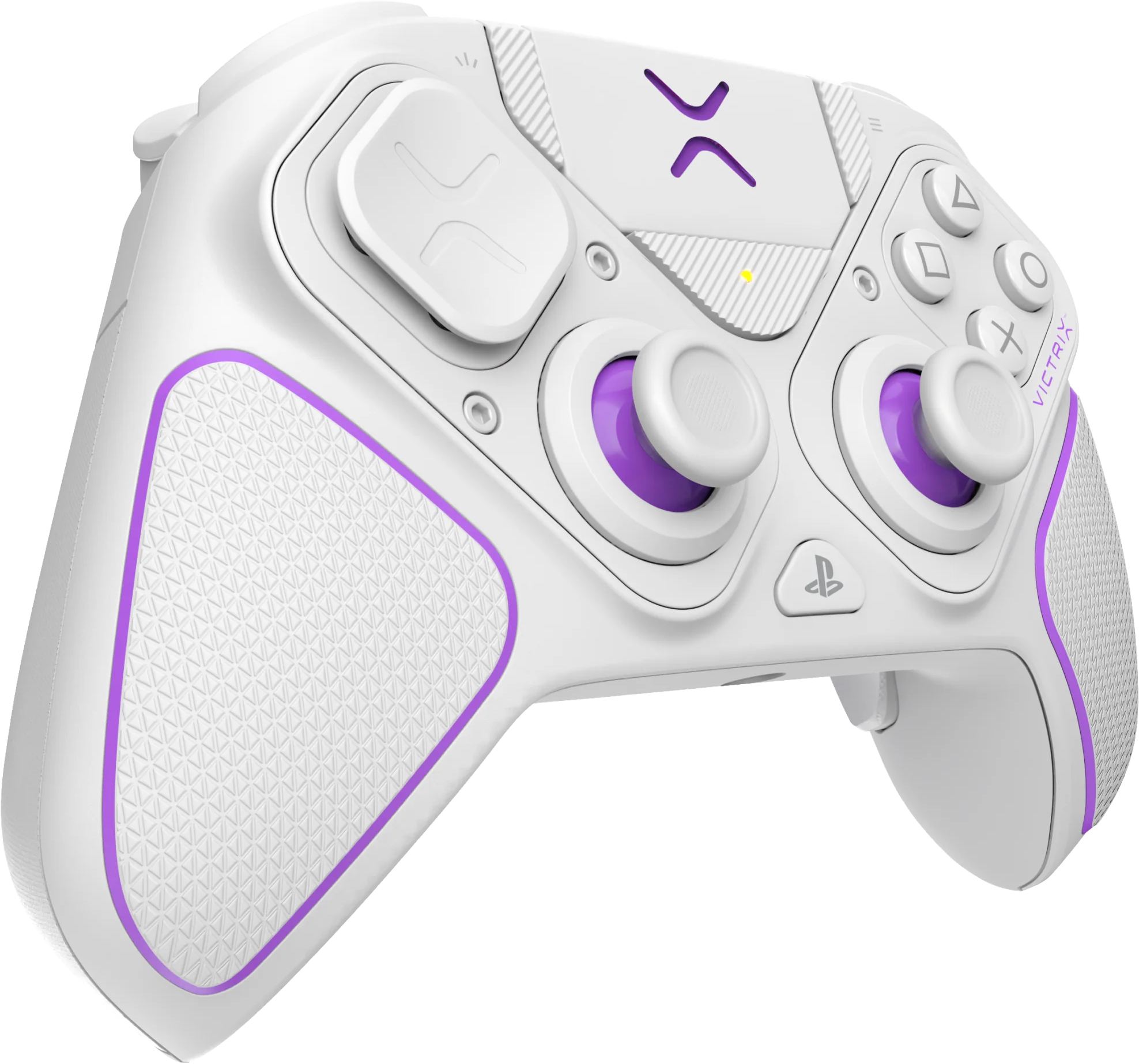 Controller di gioco bianco e viola con pulsanti e joystick.