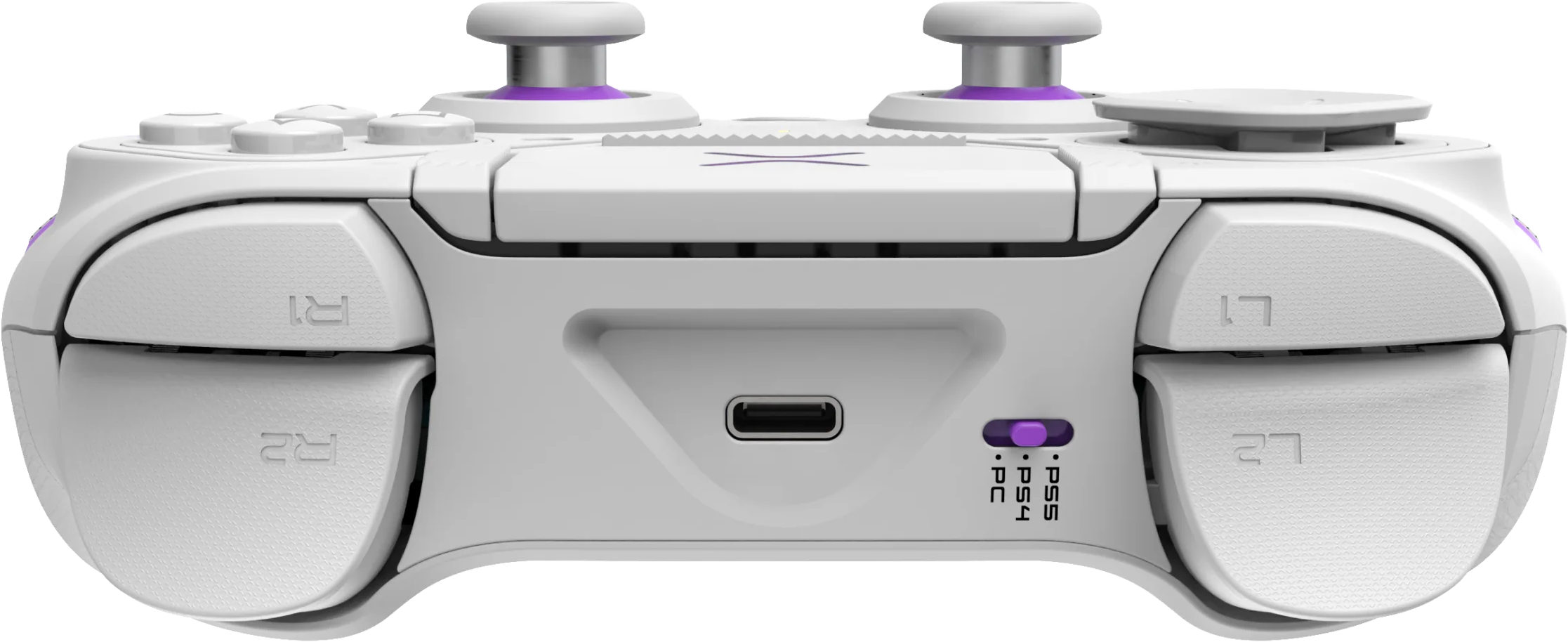 Controller di gioco bianco e viola con più pulsanti e una porta di ricarica.
