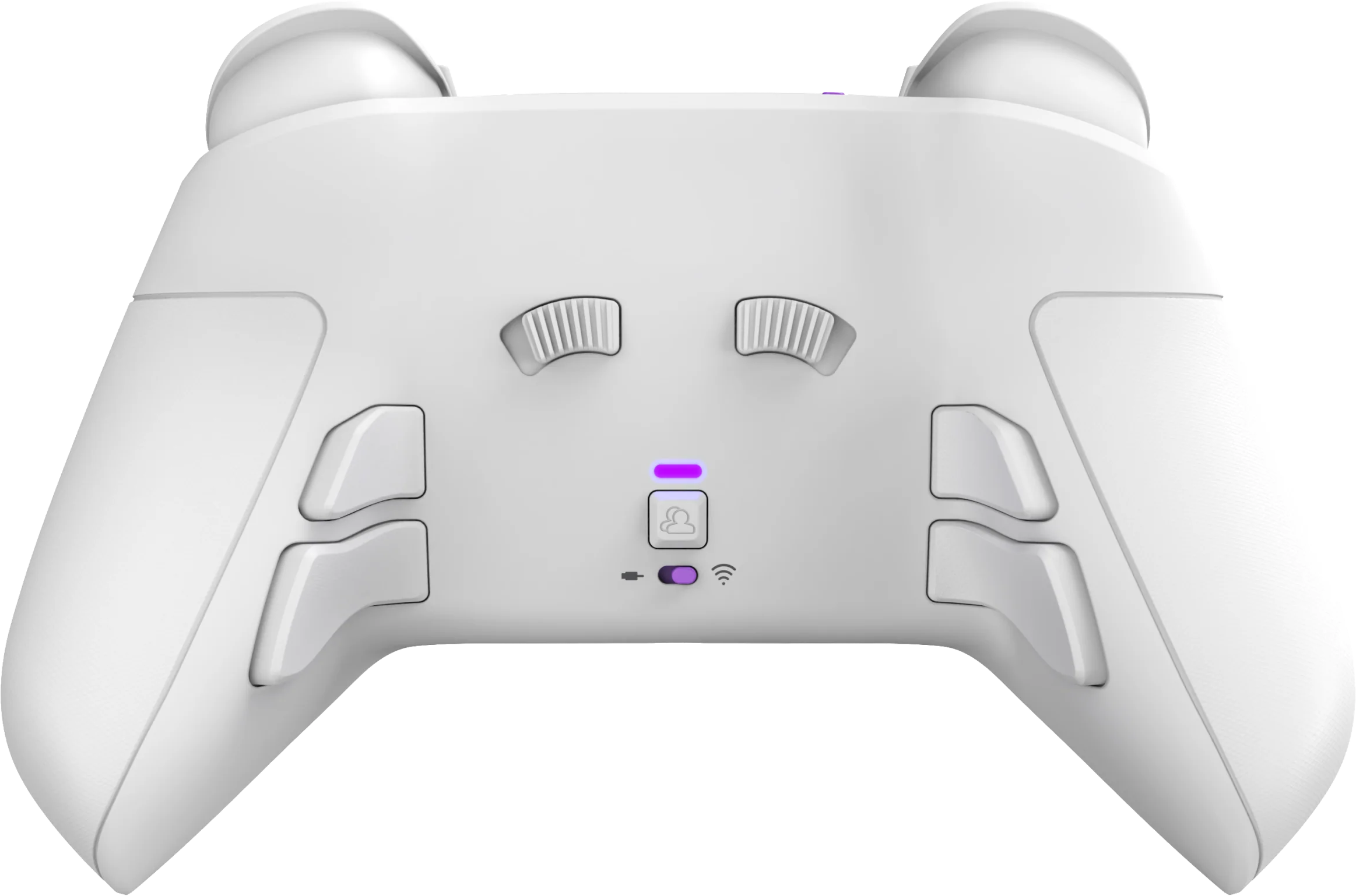 Controller di gioco bianco. La parte anteriore ha due levette, pulsanti e un indicatore di stato.
