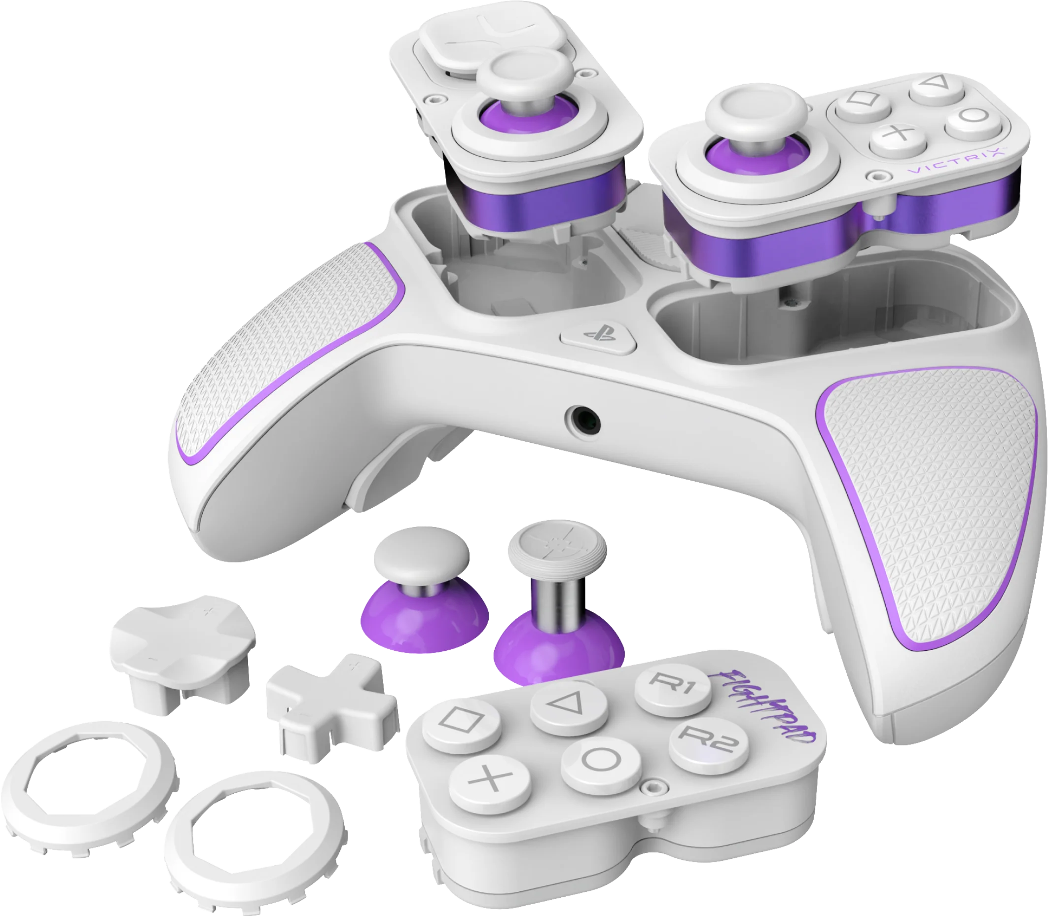Controller Victrix Fightpad bianco e viola, parti staccate.