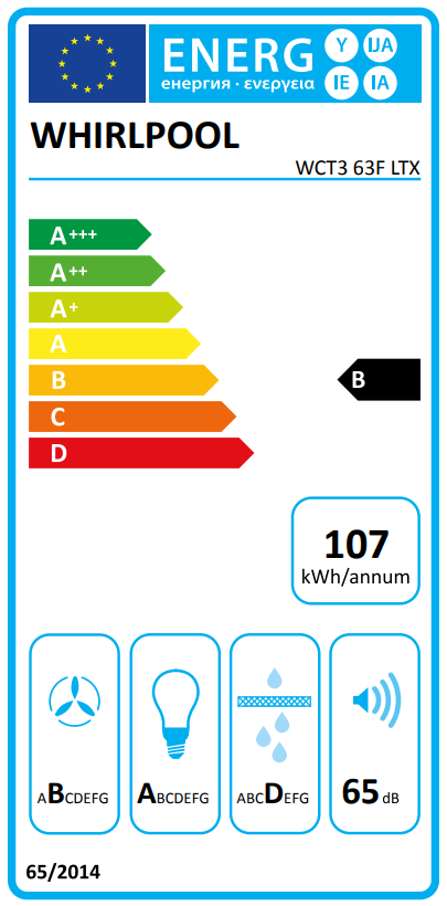 Egy Whirlpool energiahatékonysági címkéje, amely az energiafogyasztást és a hangszintet mutatja.