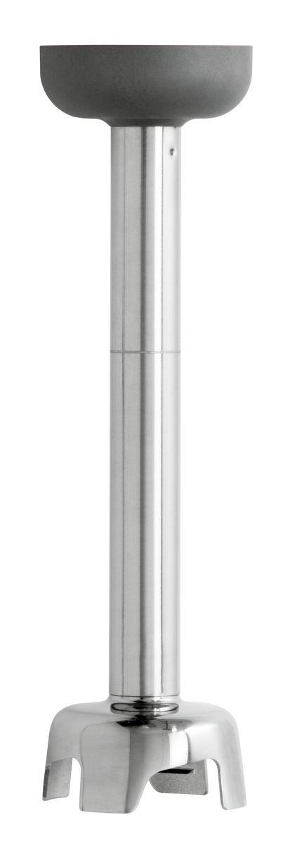 Silberner Stabmixer mit grauem Oberteil und Klingenschutz.
