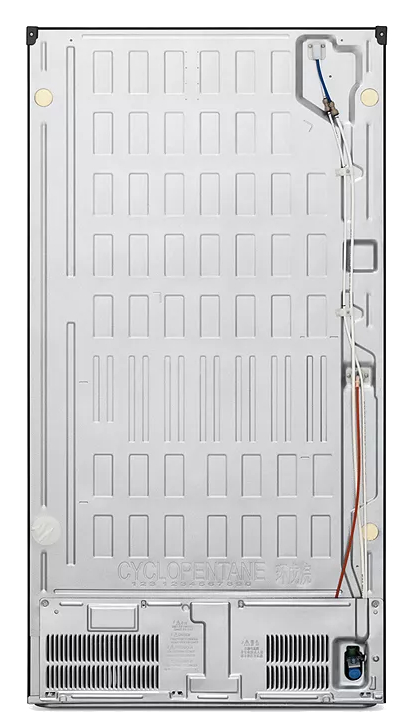 Tył lodówki. Jest biały z różnymi elementami i etykietą z napisem "CYCLOPENTANE".