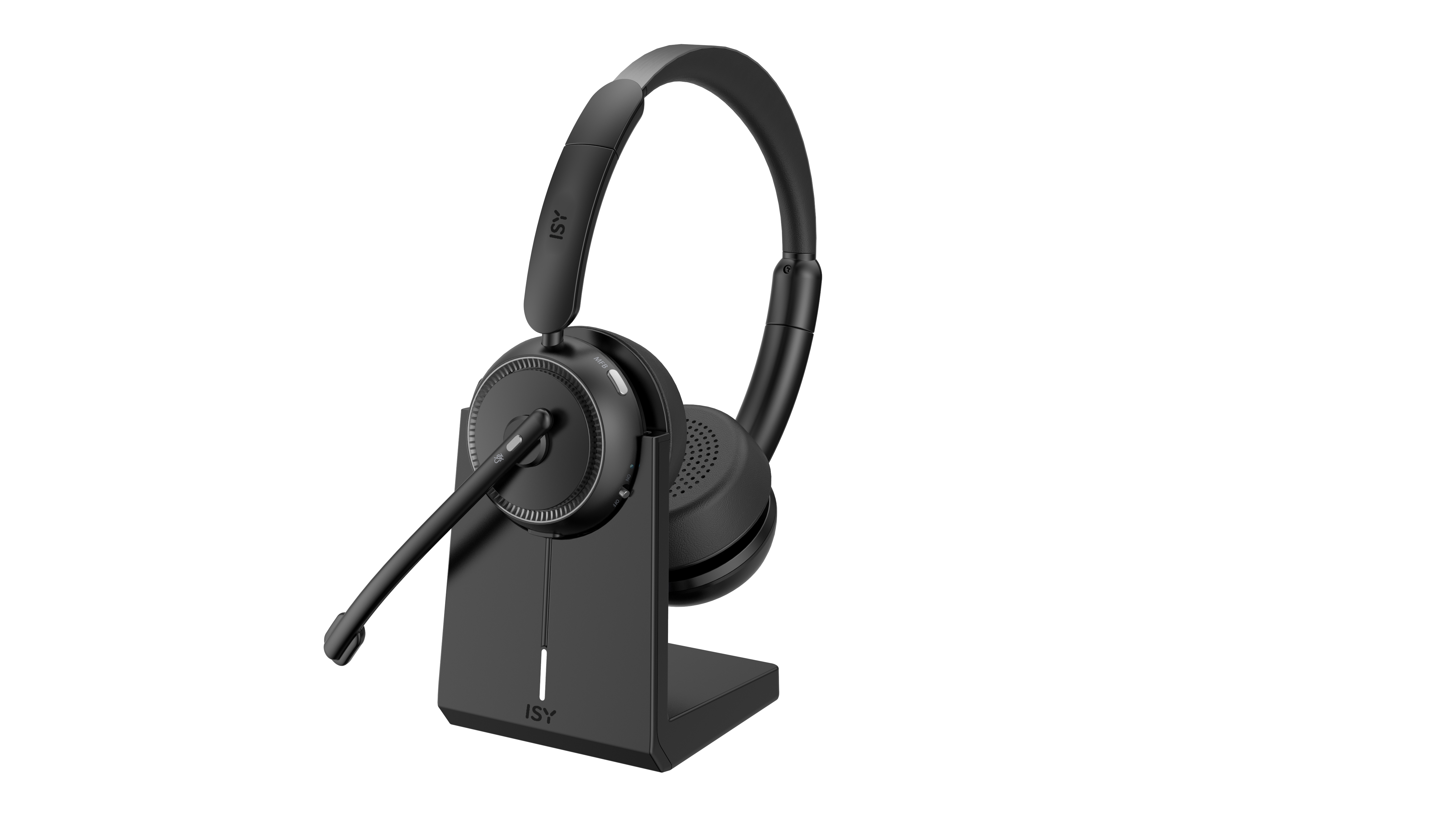 Schwarzes drahtloses Headset auf einem schwarzen Ständer. Weißer Hintergrund.