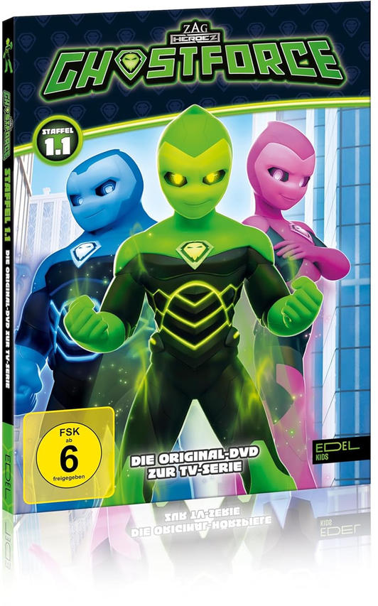DVD-Cover eines Zeichentrickfilms mit drei Charakteren. Grün, blau und rosa.