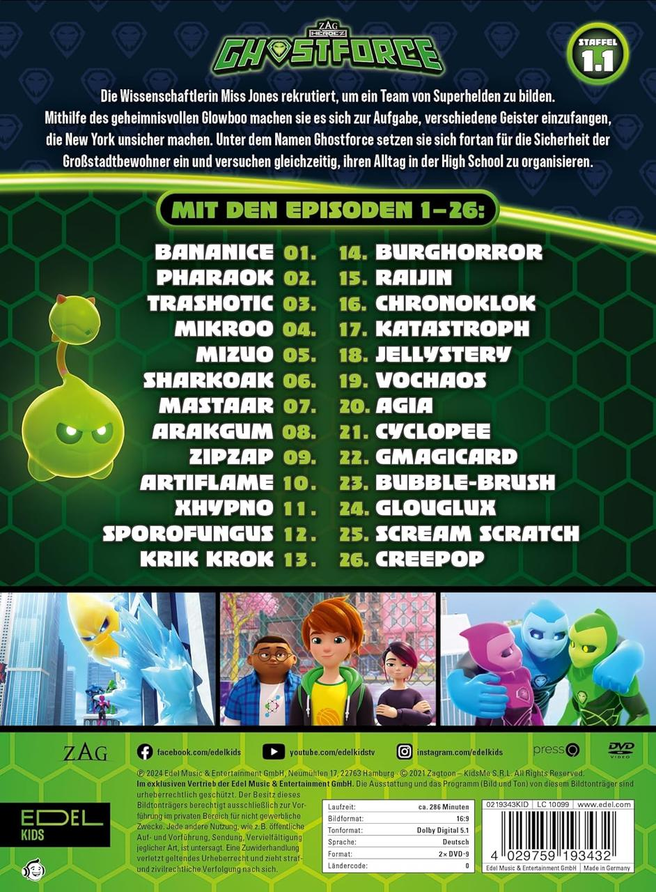 Rückseite einer DVD-Hülle mit deutschem Text, mit Figuren aus der Ghostforce-Serie.