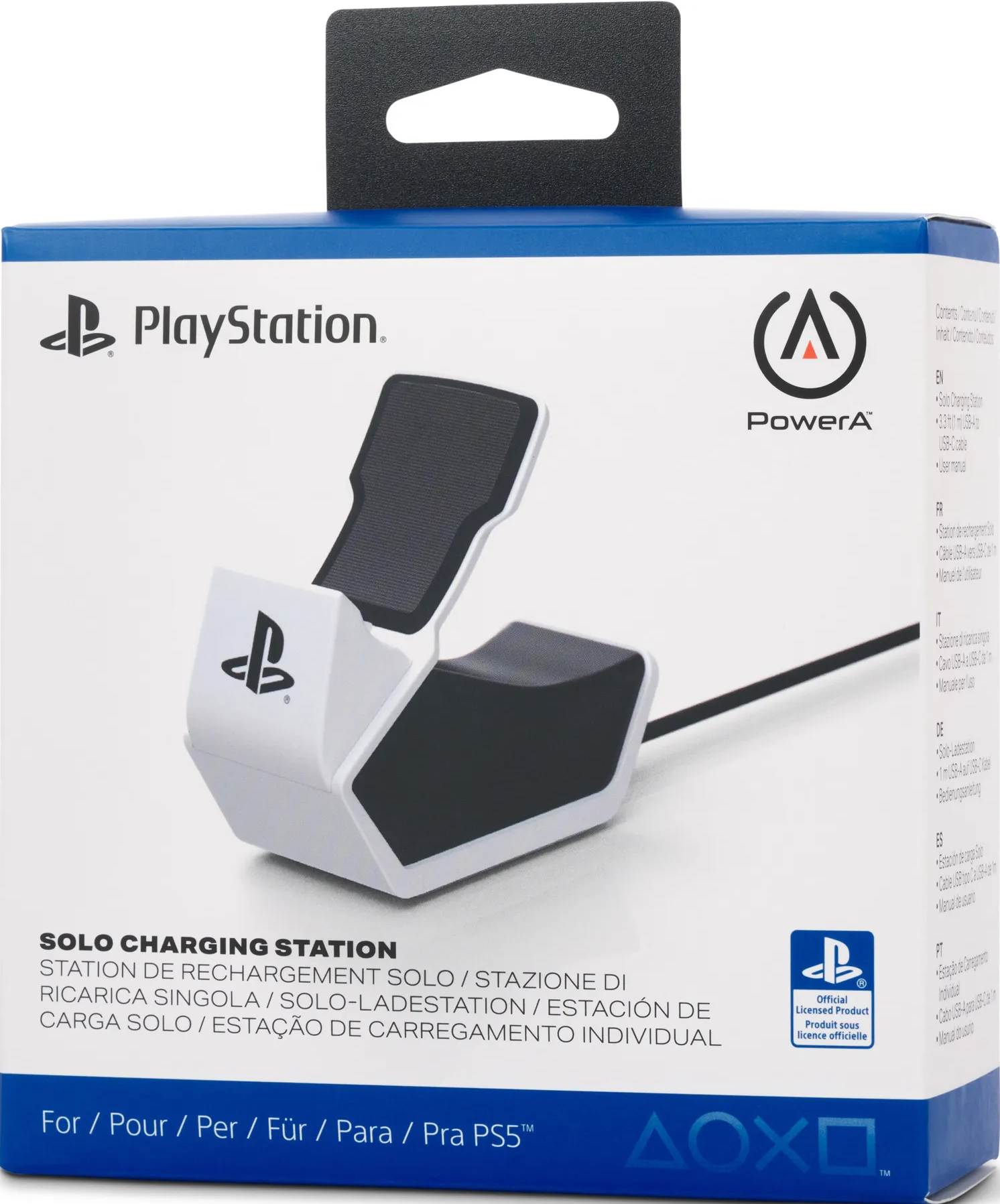Station de recharge PlayStation dans une boîte. Design blanc et noir. Pour console PS5.