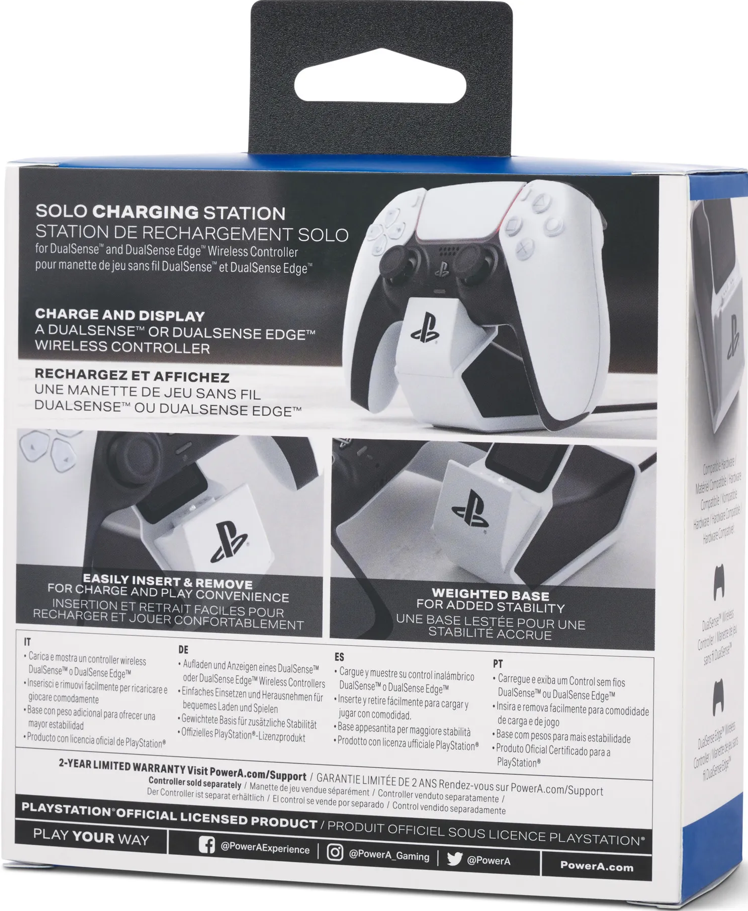 Une station de recharge blanche et noire pour une manette DualSense avec affichage.
