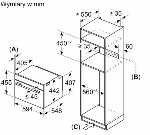 Schemat wymiarów piekarnika i szafki w mm. Wymiary obejmują szerokość, wysokość i głębokość do instalacji.