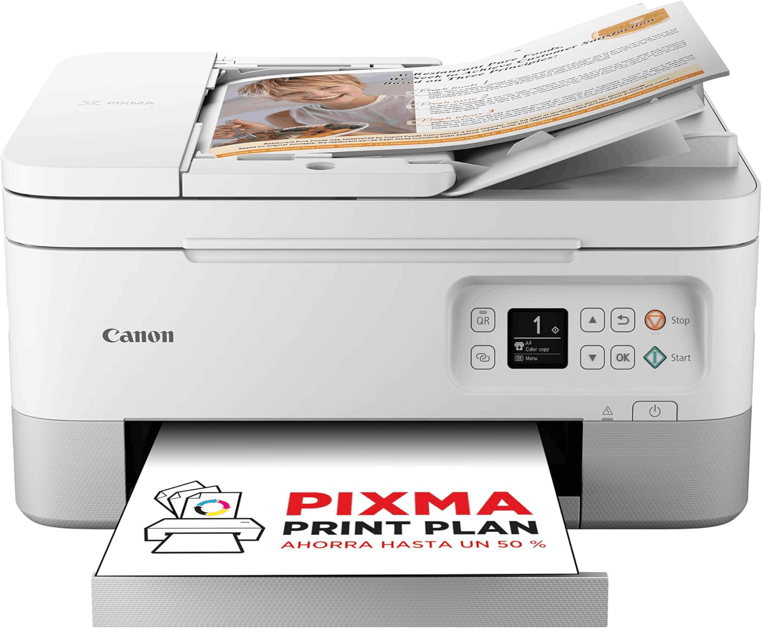 Impresora Canon con papel que imprime texto y un gráfico.