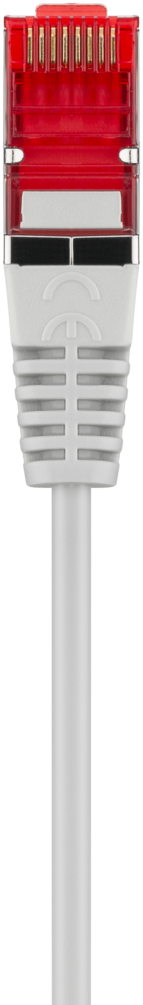 Ein weißer und roter Ethernet-Kabelanschluss.