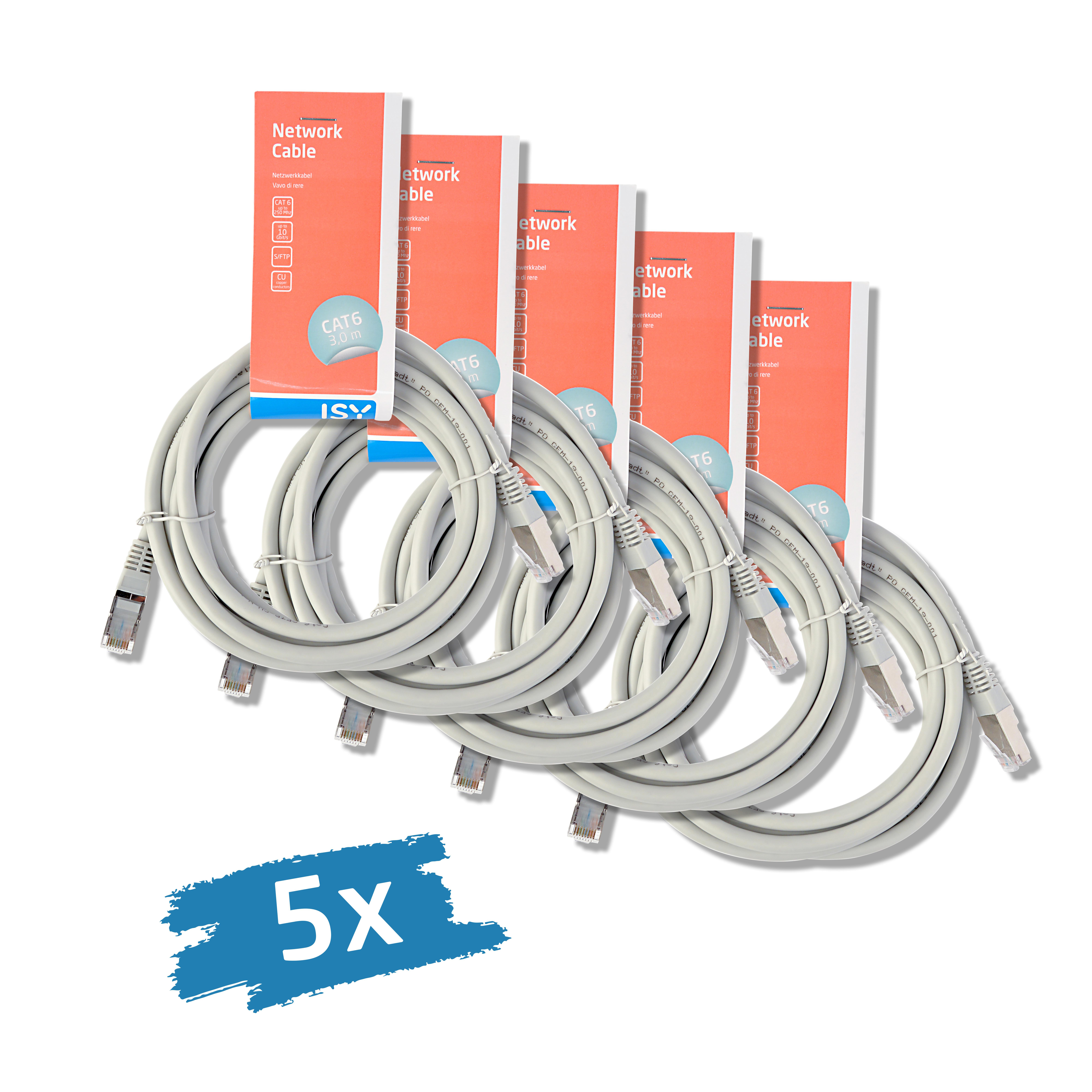 Fünf graue Netzwerkkabel mit Steckern und Verpackung. Das Etikett zeigt CAT6.