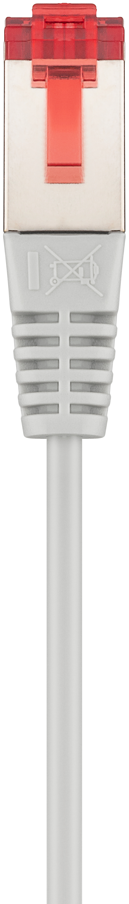 Weißes Ethernet-Kabel mit einem rot gefärbten Stecker am Ende.