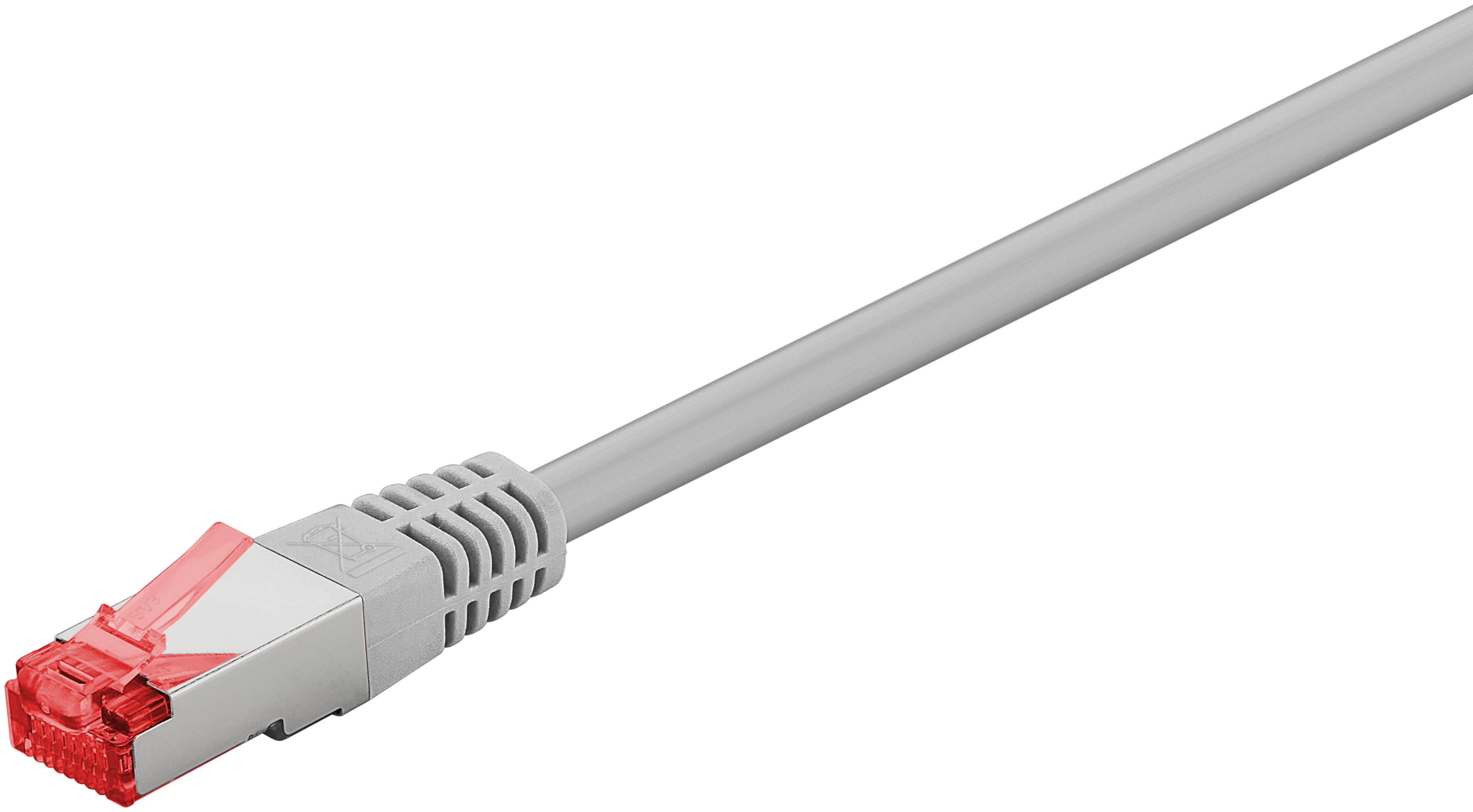 Ein graues Netzwerkkabel mit rotem Stecker, isoliert vor weißem Hintergrund.